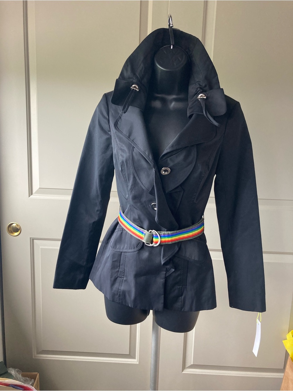 White House Black Market Black Trench Coat Tailored Silhouette with belt.